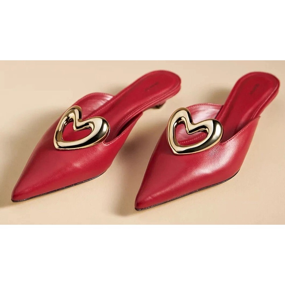 NEW $170 Anthropologie Maeve Red leather Heart Mule Heels shoes EU 36